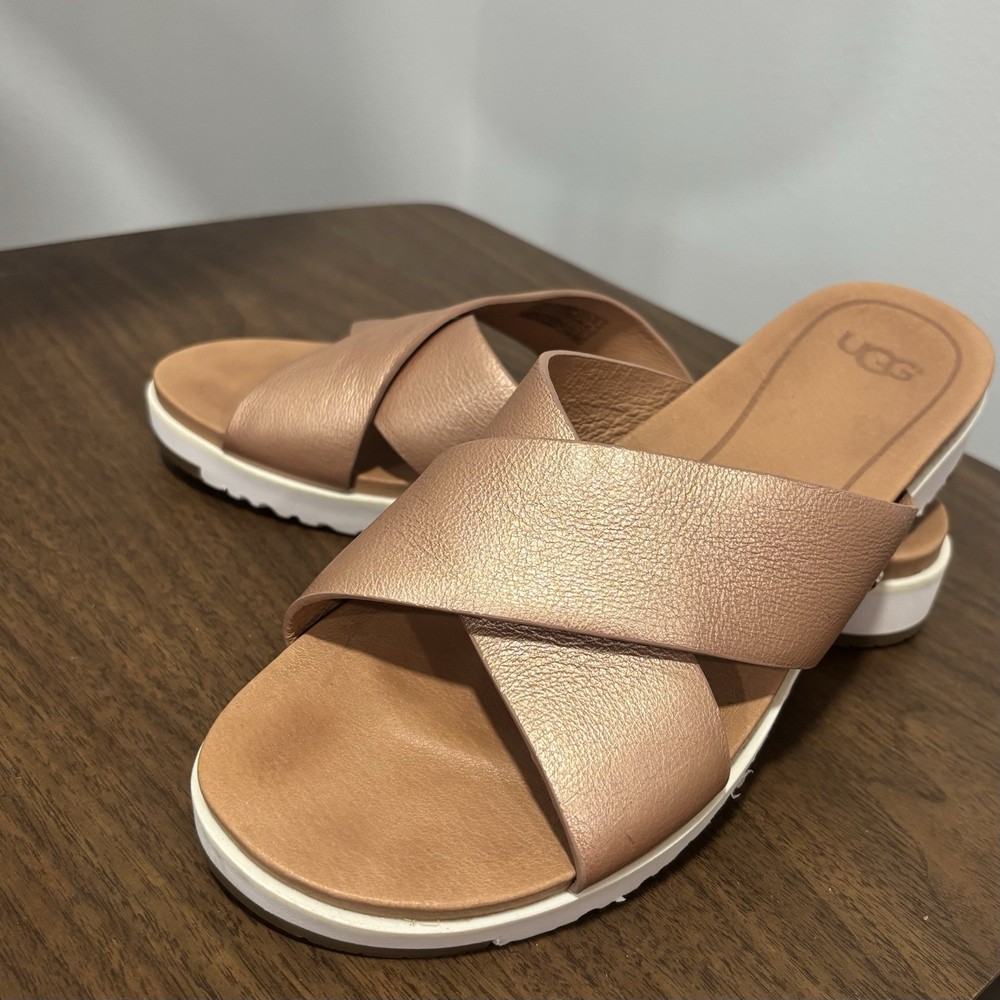 Barely Worn UGG Women's Sandals Size 9 Criss Cross Pink Metallic Leather
