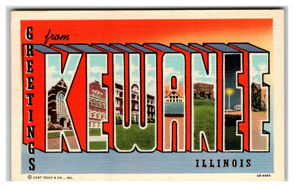 Greetings from Kewanee Illinois Vintage Linen Postcard Curt Teich 1943