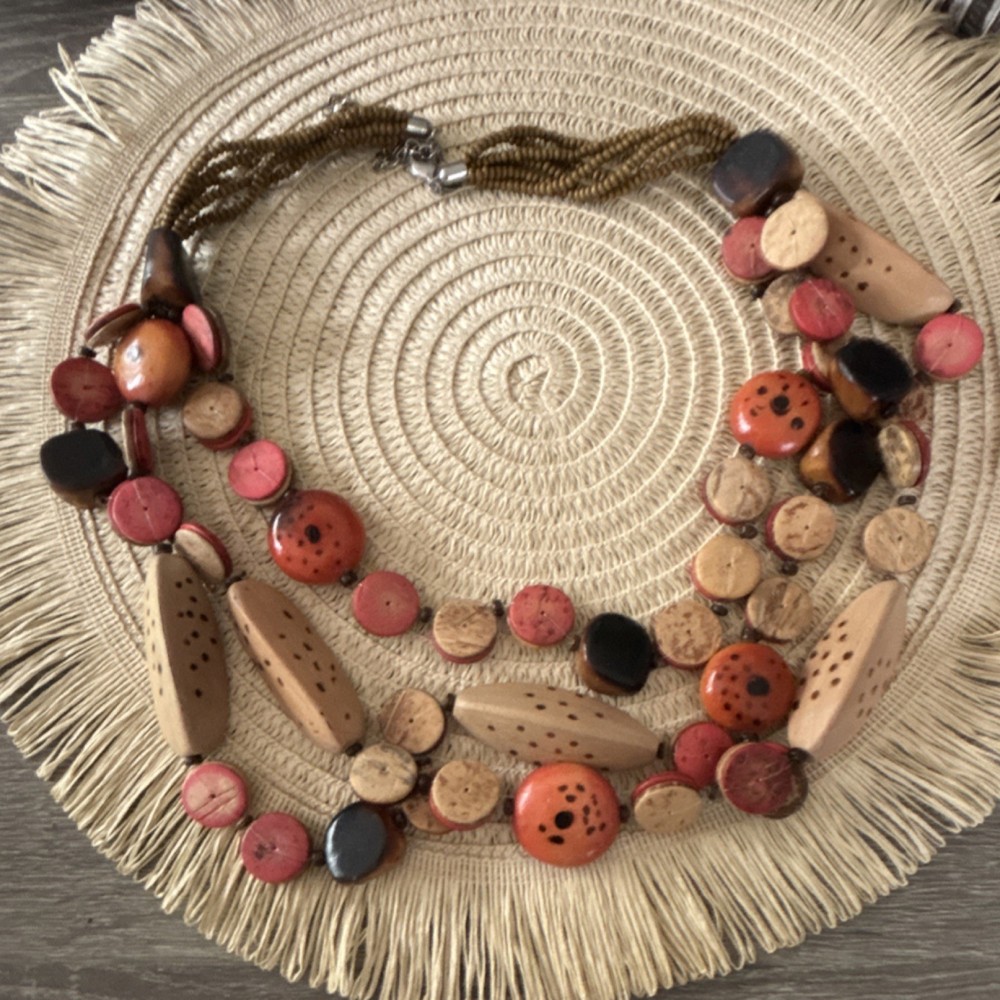 Handcrafted Multicolor Beaded Statement Necklace Wood Brown Red Beige Black