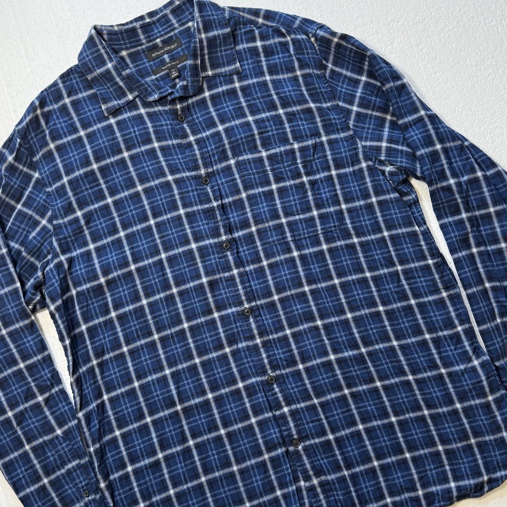 Banana Republic Men’s Shirt – Untucked Slim Fit, XL Tall – Blue Plaid Flannel