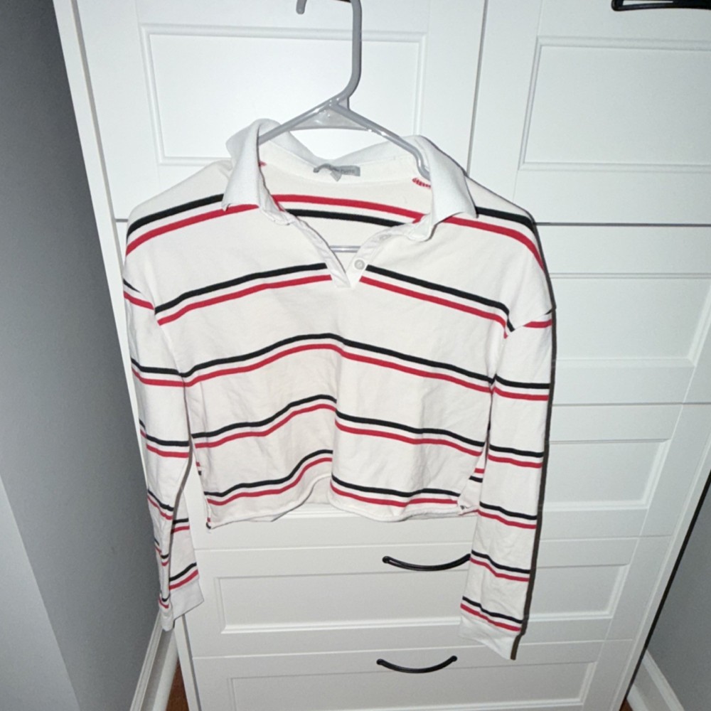 Charlotte Russe White Red Black Striped Collared Long Sleeve Cropped Polo S
