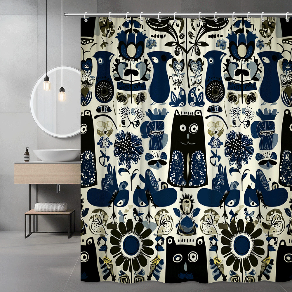 Blue Floral Cat Shower Curtain Abstract Animal Print