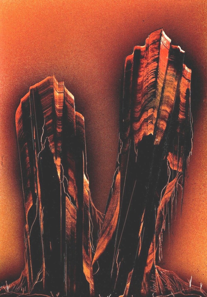 Painting of Towering Rock Columns in Orange colors by artist Jason Girard.