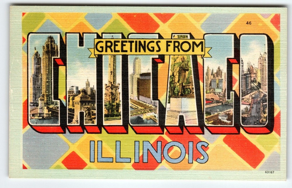 Greetings From Chicago Illinois 1930's Art Deco Postcard Large Big Letter Linen
