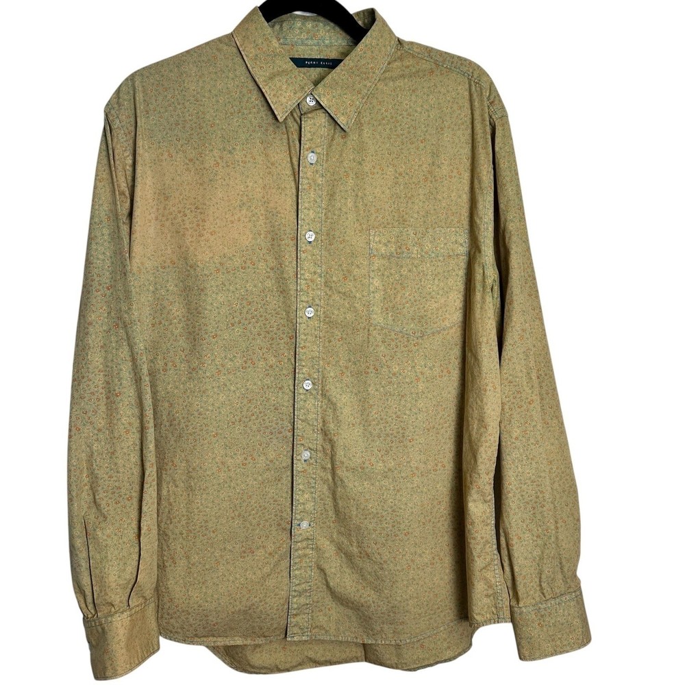 Perry Ellis Button Up Shirt Mens XL Tan Floral Long Sleeve Cotton Pocket