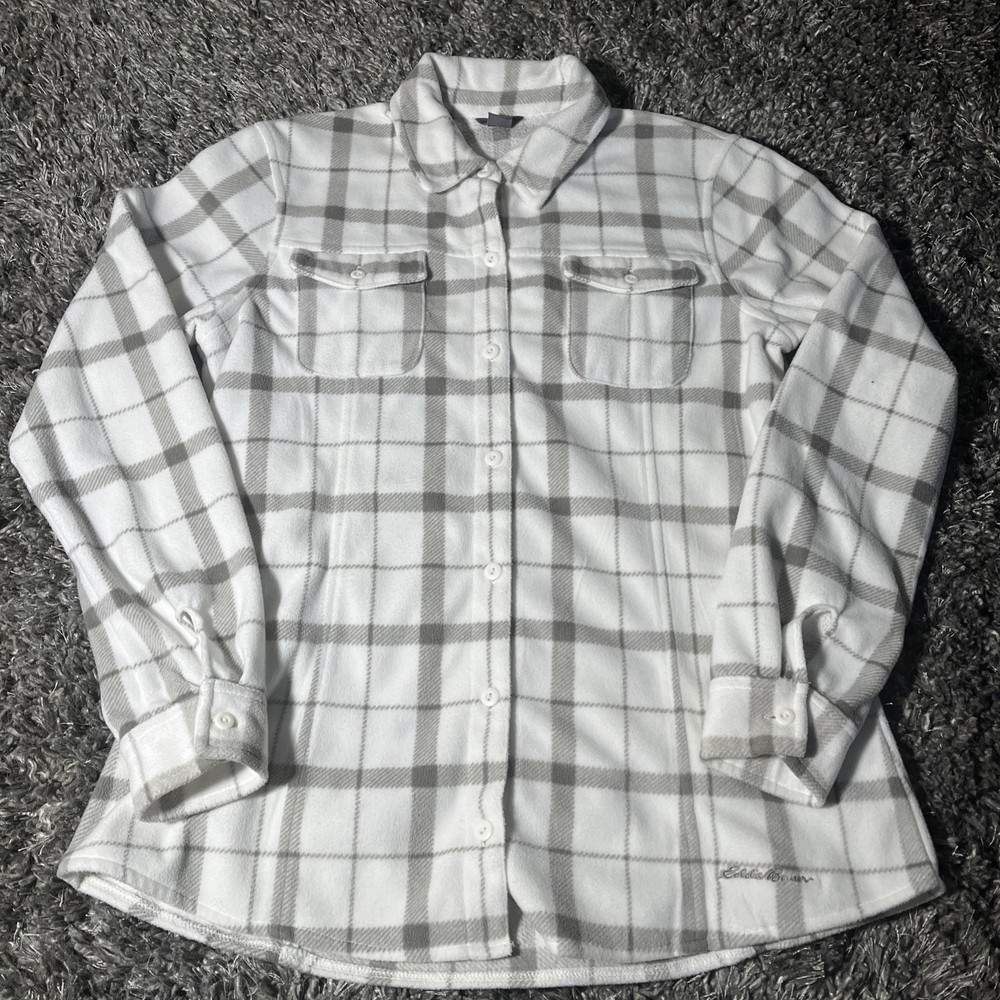 Eddie Bauer Womens White Plaid Fleece Shacket Button-Up Small EUC