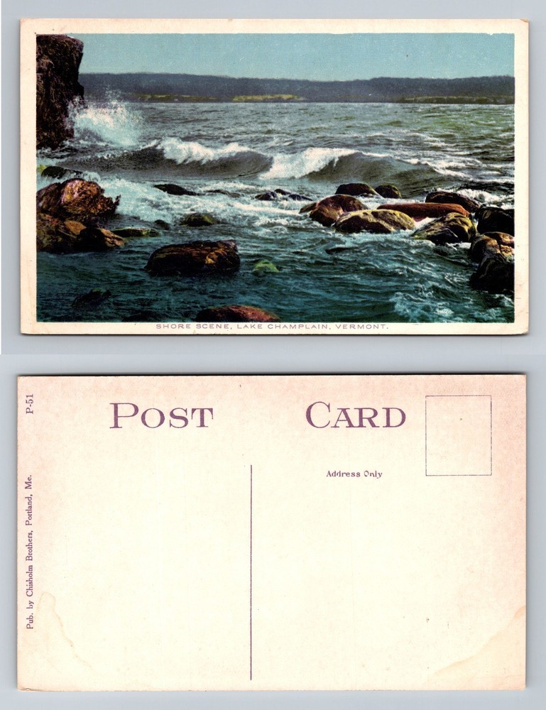 Lake Champlain, VT-Vermont, Shore Scene Waves on Rocks Vintage Postcard