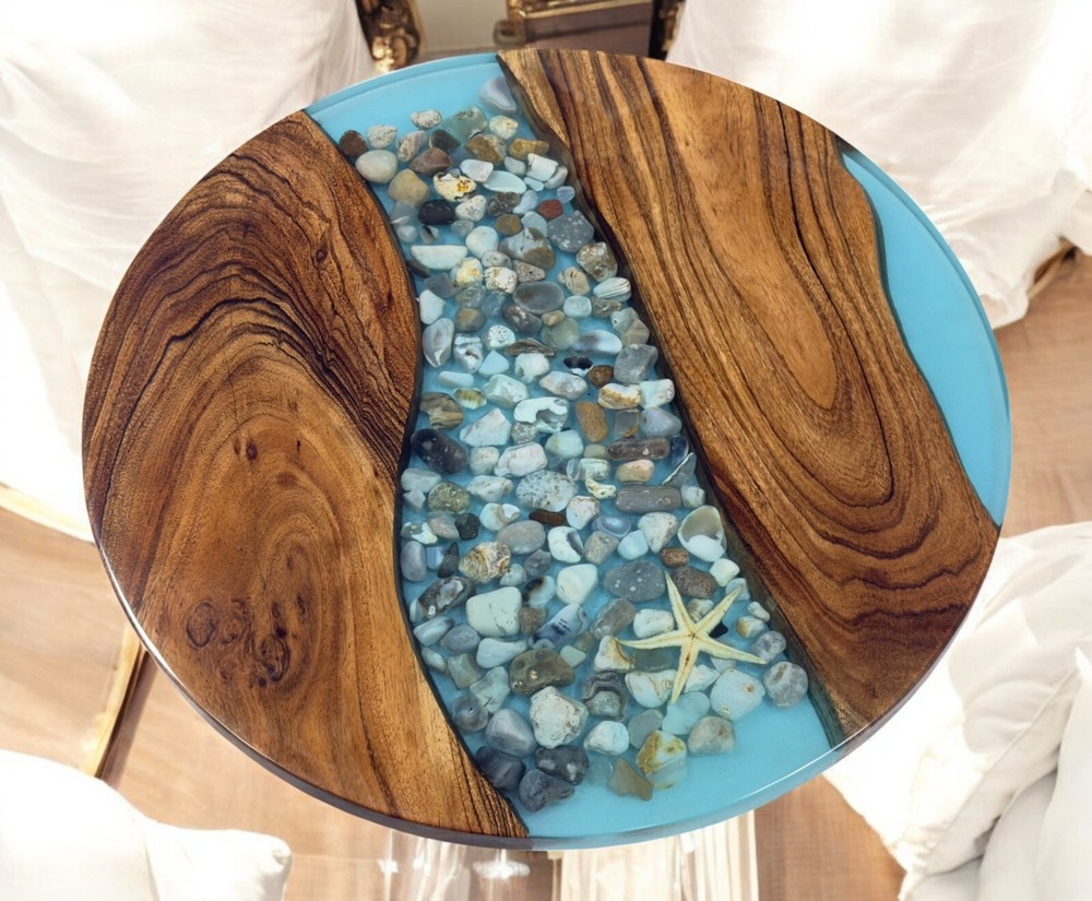 Clear Blue Round Epoxy Resin Coffee Table for Living Room