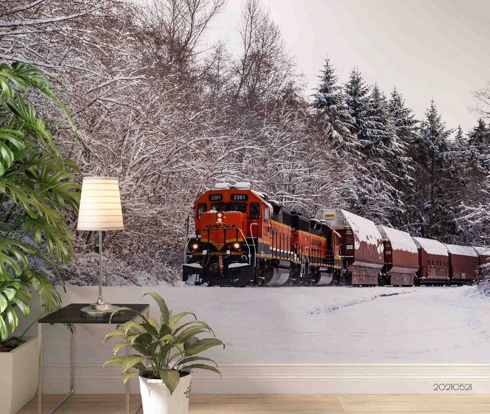 3D Forest Train Winter Landscape Wall Murals Wallpaper Murals Wall Sticker