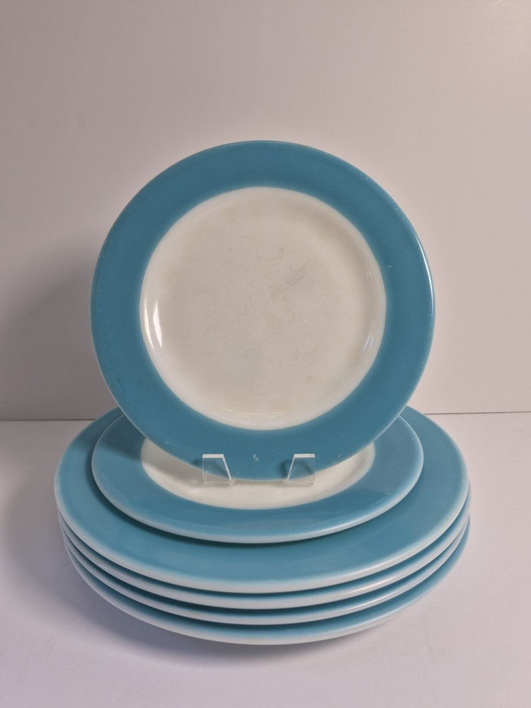 Vintage PYREX Turquoise Aqua Milk Glass Dinner Plates-4 & Lunch Plates-2 USA 6PC