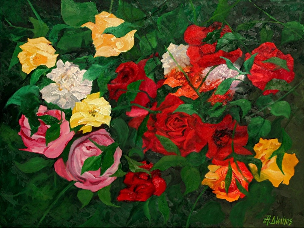 ANDRE DLUHOS Roses Flowers Still Life Garden Bouquet Original Art Oil Painting