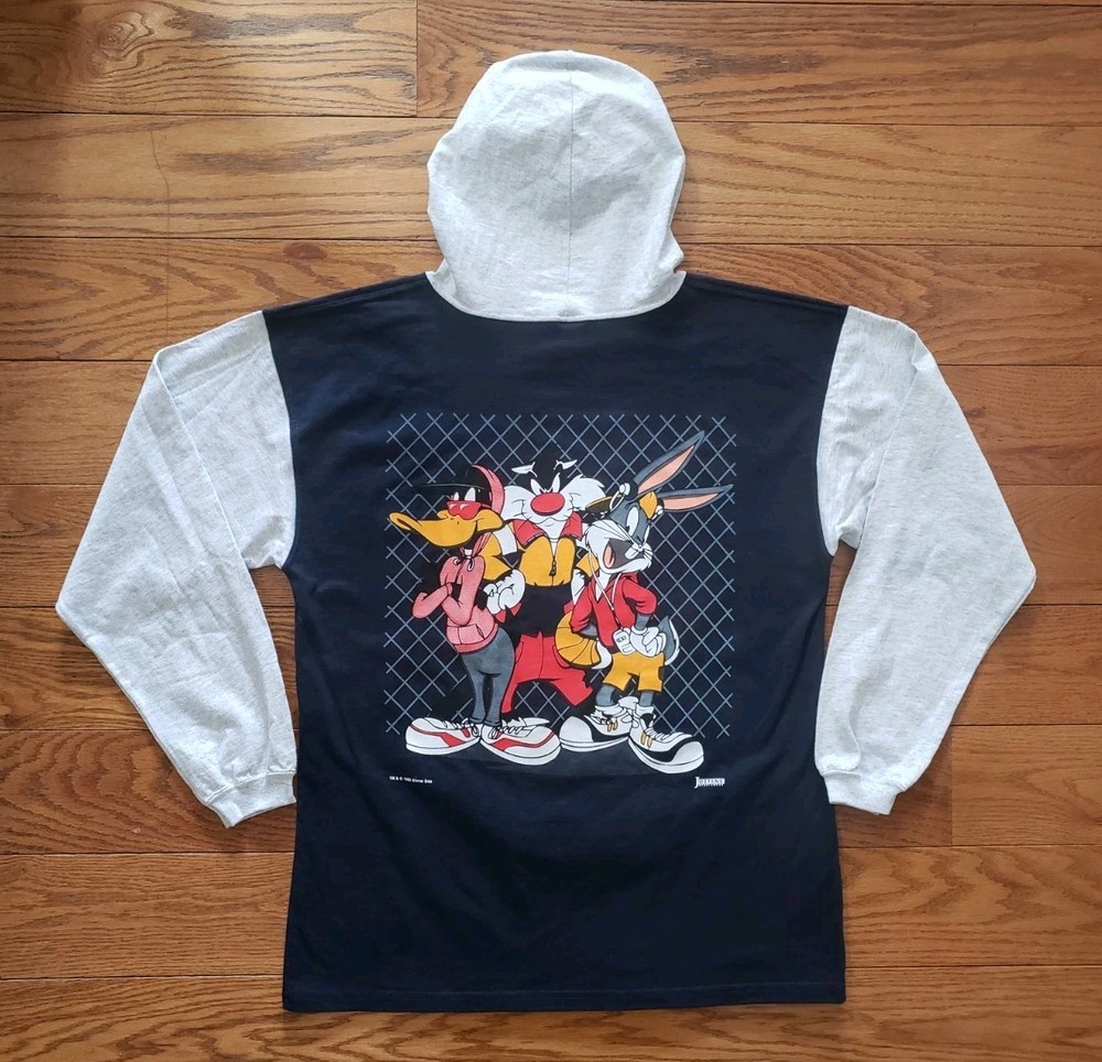 Vintage 90s Looney Tunes T-Shirt Hoodie Featuring Bugs Bunny Daffy Duck Sylvester Size Large Jostens