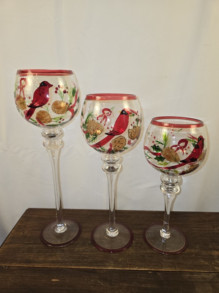 Set Of 3 Hand Painted Graduating Glass Tall Candle Holders Christmas Red Bird