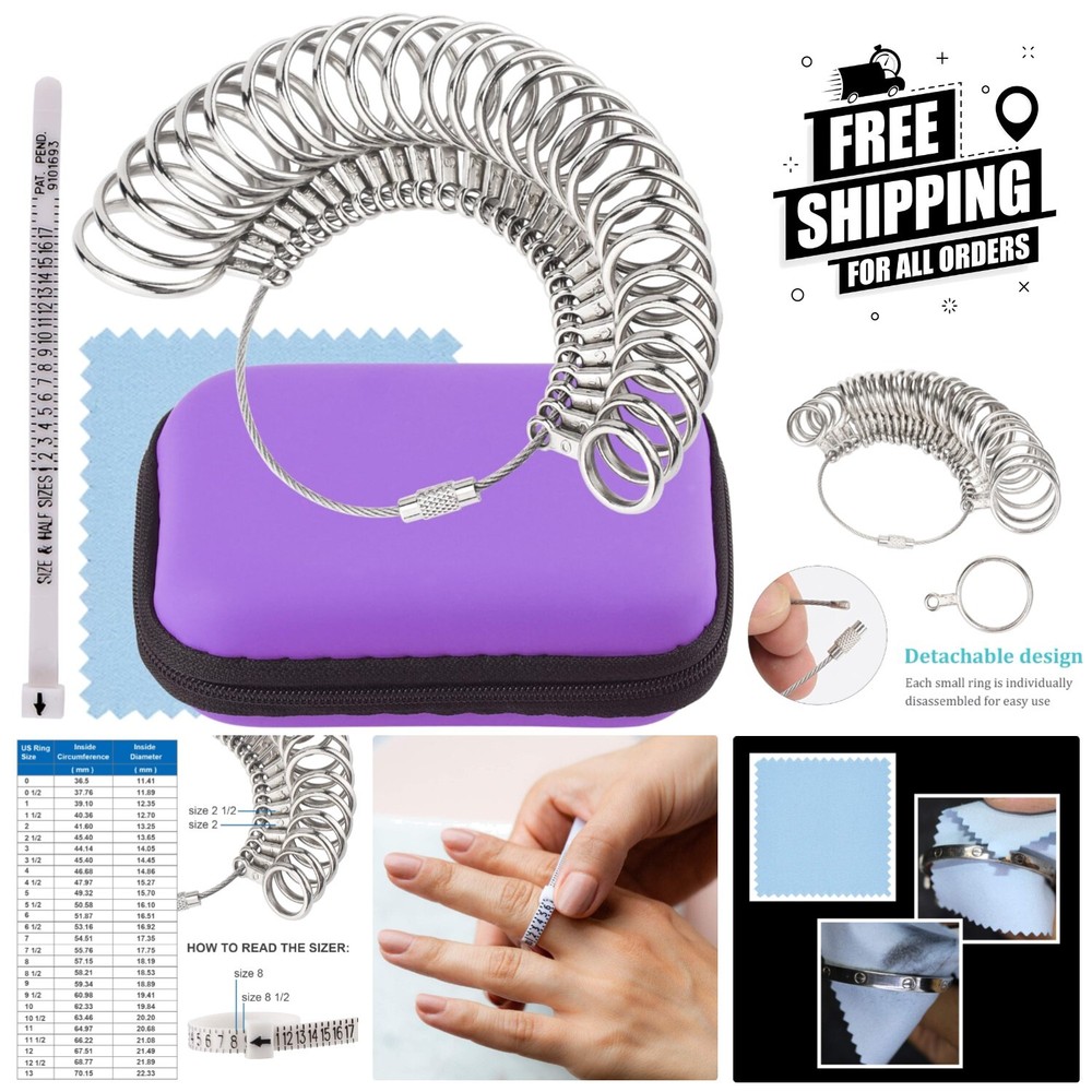 Accurate US Size Ring Sizer Tool - Complete Jewelry Measuring Kit in Purple Box-image