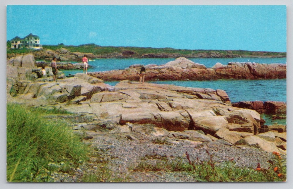 Vintage Curteichcolor Postcard Biddeford Pool Maine Rocks Ocean Side House