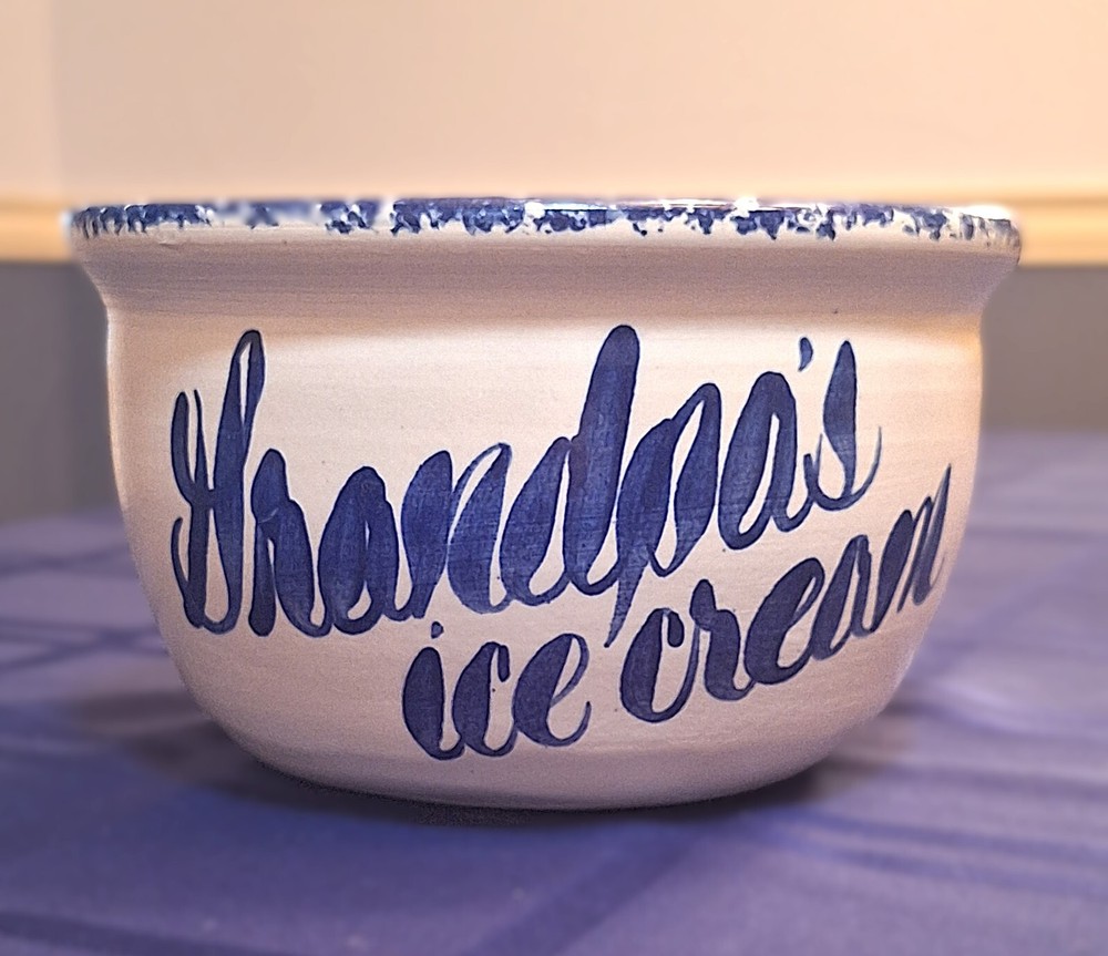 Grandpa's Ice Cream Bowl Stoneware Pottery Cobalt Blue Spongeware Vintage