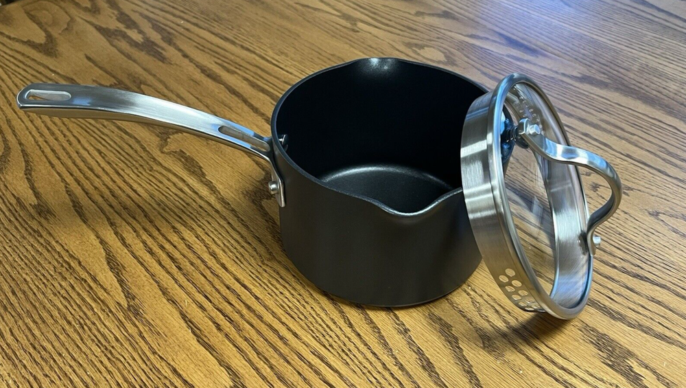 Kirkland Signature 2 qt Nonstick Anodized Saucepan & Stainless Straining Lid EUC