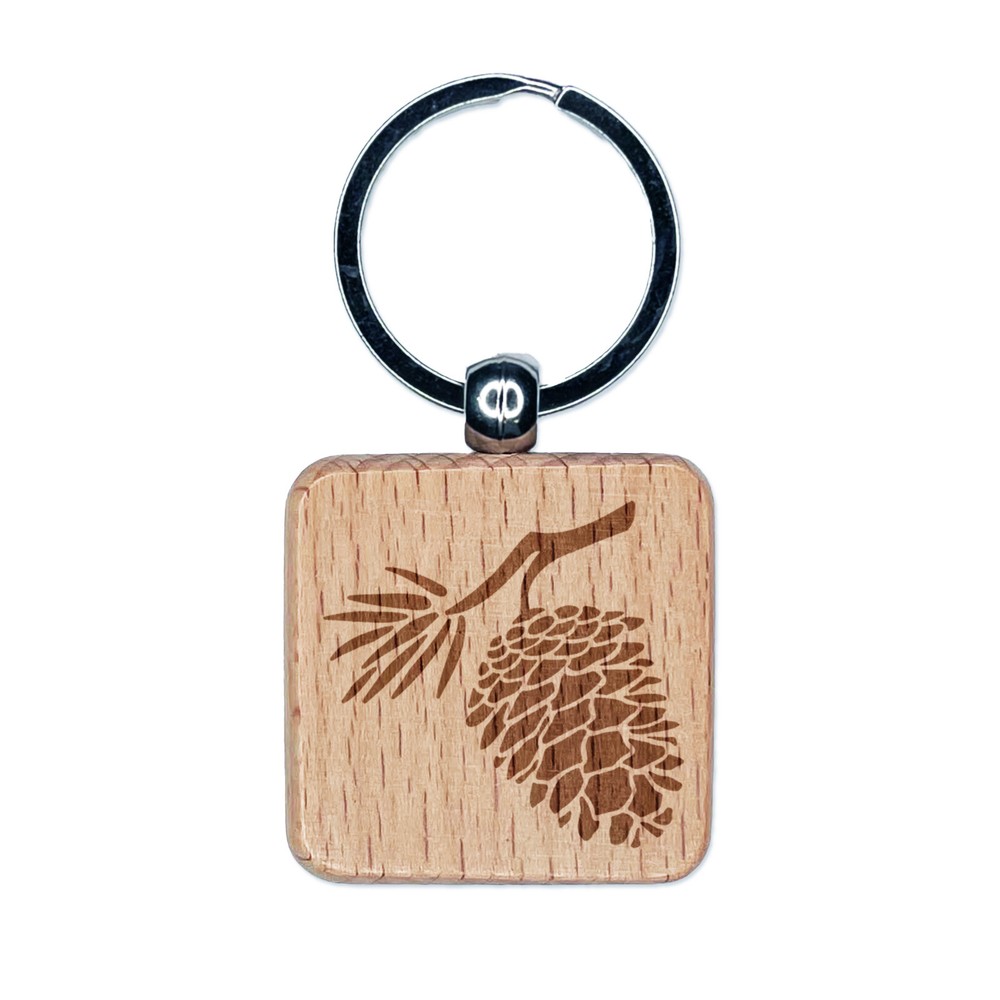 Pinecone Engraved Wooden Keychain with Branch Design  
