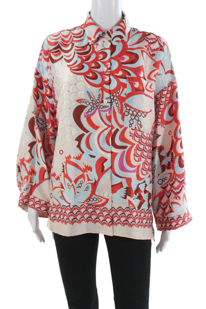 Zara Women Beige Collared Graphic Print Button Up Blouse Long Sleeve Size SFree Shipping in US $100+ Orders | $6.95 Orders Below