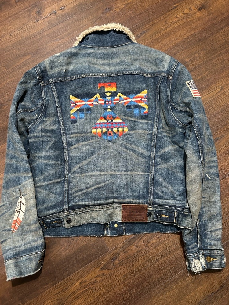 Polo Ralph Lauren M  Trucker Denim  Jacket Southwestern  Eagle Distressed