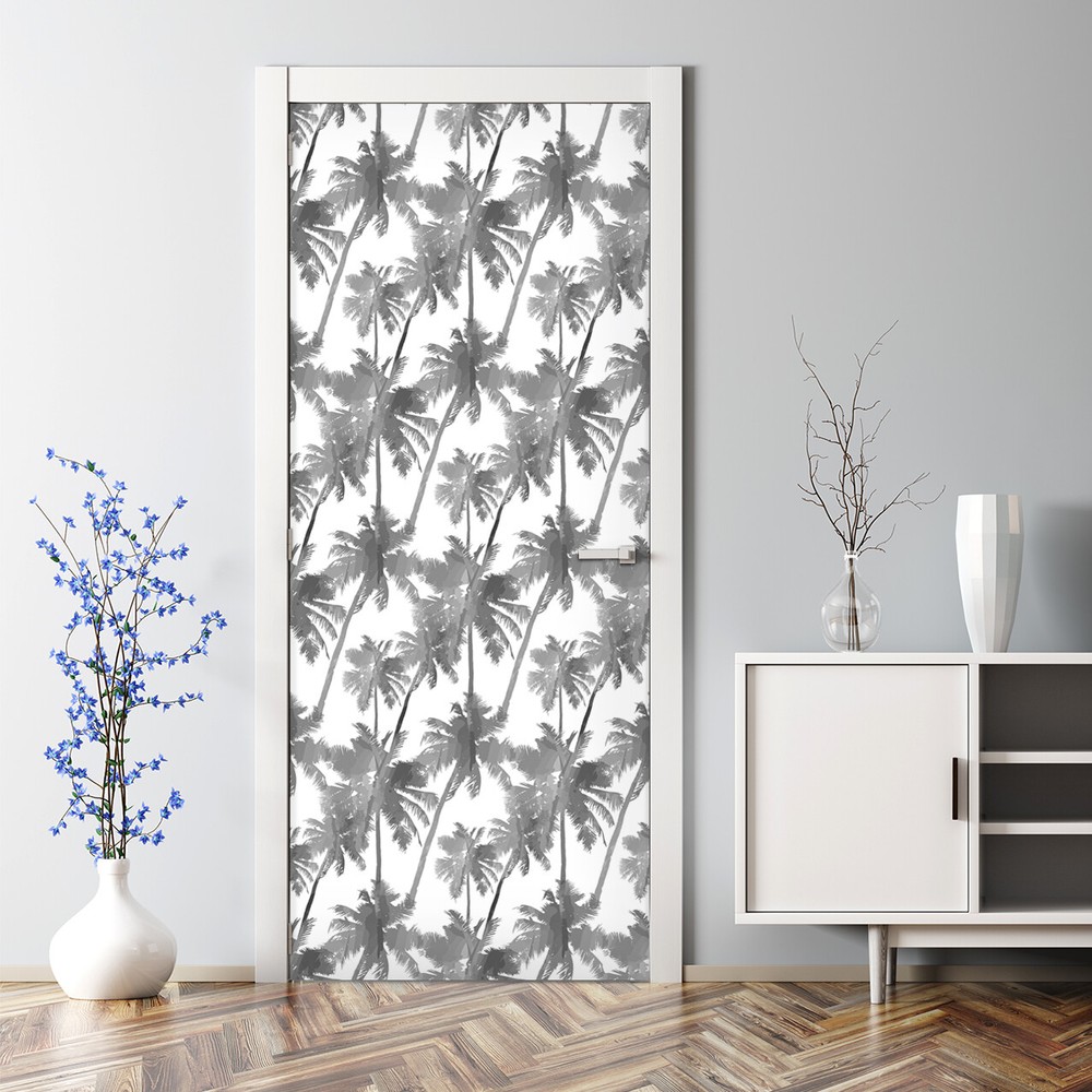 Grey tropical palm peel and stick removable door mural