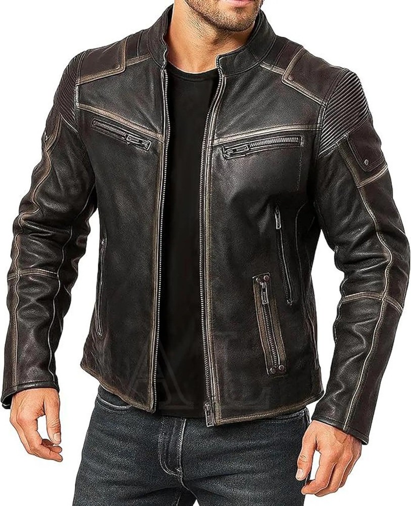 Vintage Brown Leather Biker Jacket Men's Motorcycle Cafe Racer Armor Coat