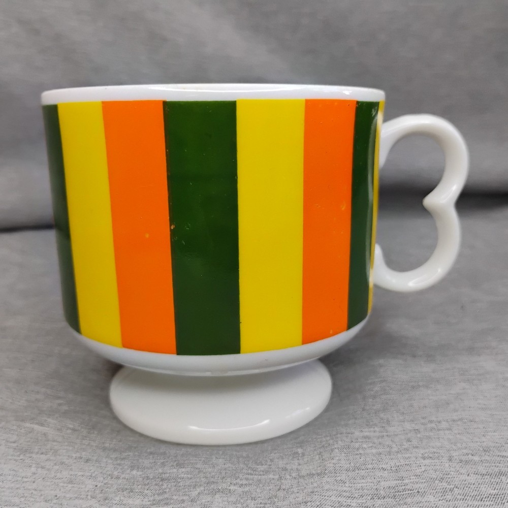 Vintage MCM Striped Coffee Mug Cup Retro Orange Yellow Green Mod Heart Grip