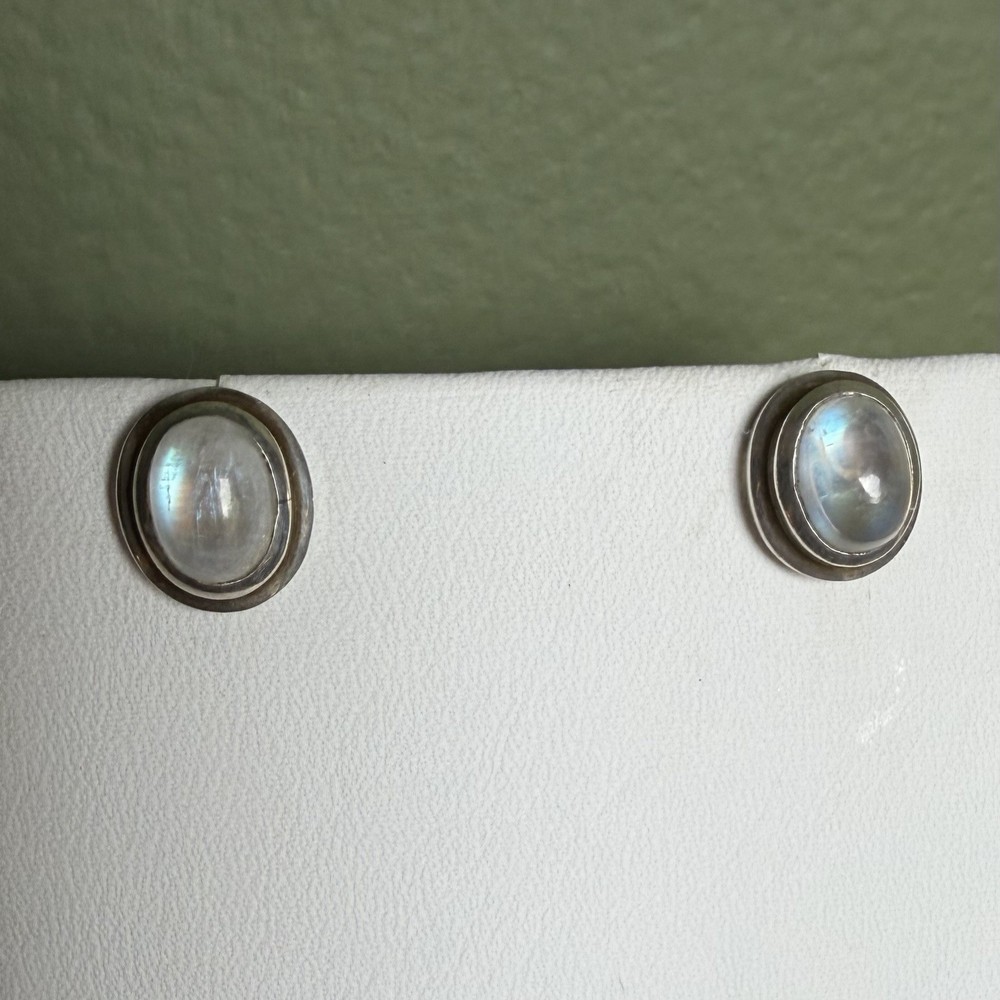 Sterling Silver Cabochon Moonstone Stud Post Earrings Vintage Modernist