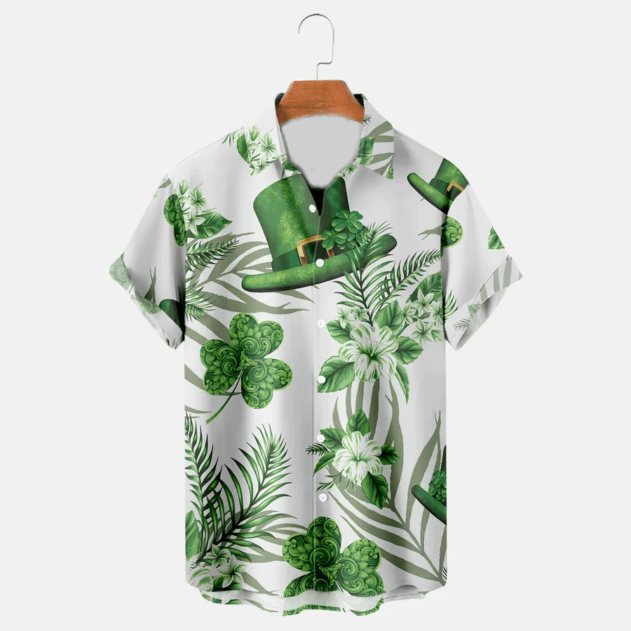 St Patricks Day Hawaiian Shirt Lucky Clover Button Up Short Sleeve