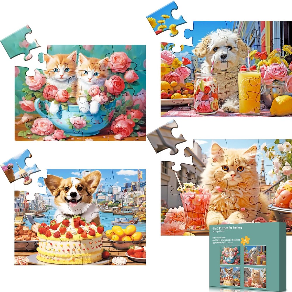 4 Pack 16 Large Piece Puzzle for Seniors, Alzheimer's Cognitive Jigsaw Puzzle...