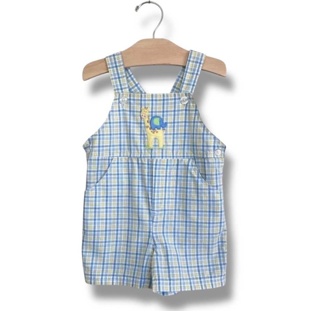 Starting Out Shortalls Baby 18M Blue Plaid Zoo Giraffe Elephant Cotton Romper