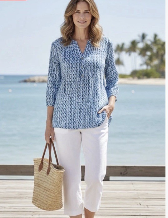 TALBOTS Popover Tunic Top Seahorse  Print Teal And White Beach 100 % Cotton 3X