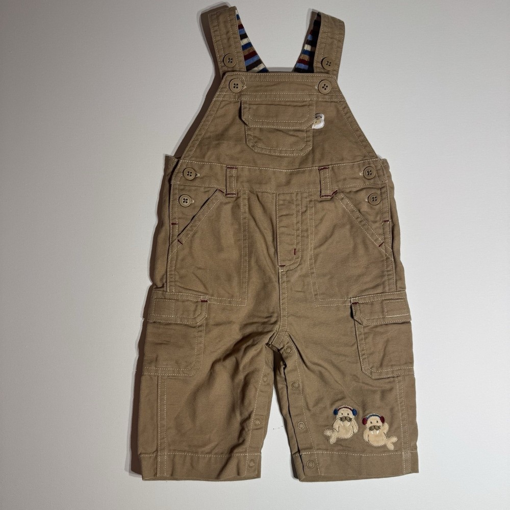 Gymboree Baby Overalls 3-6 Months Khaki Cargo Shortalls Seals Embroidered 2006