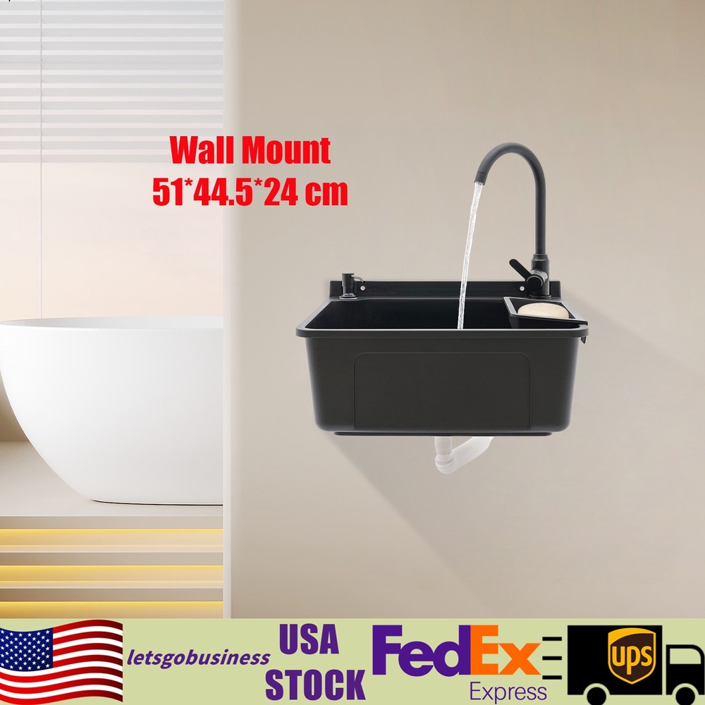 Modern Wall-Mount Utility Sink For Laundry Garage Bathroom w/Soap Box & Faucet