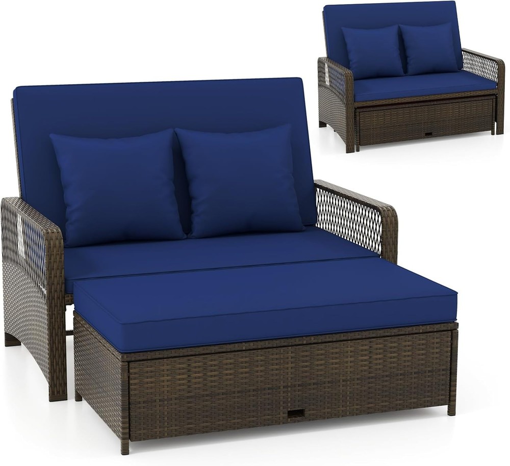 Outdoor Daybed, Wicker Loveseat Sofa Set with Storage Ottoman, 4-Level Adjustabl