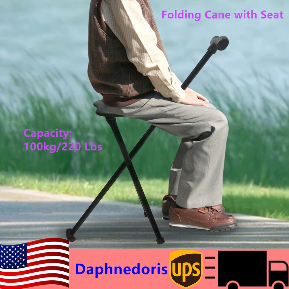 Portable Travel Hiking Chair Stool Tripod Folding Walking Stick with Seat Cane