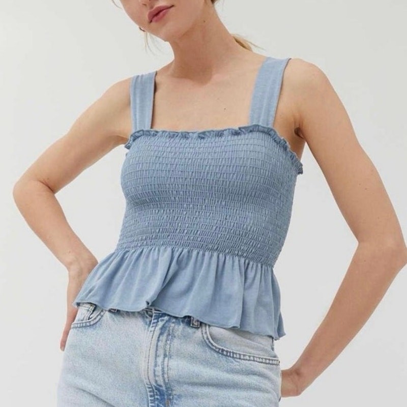 Urban Outfitters Demi Blue Smocked Peplum Tank Top Size S EUC Square Neck