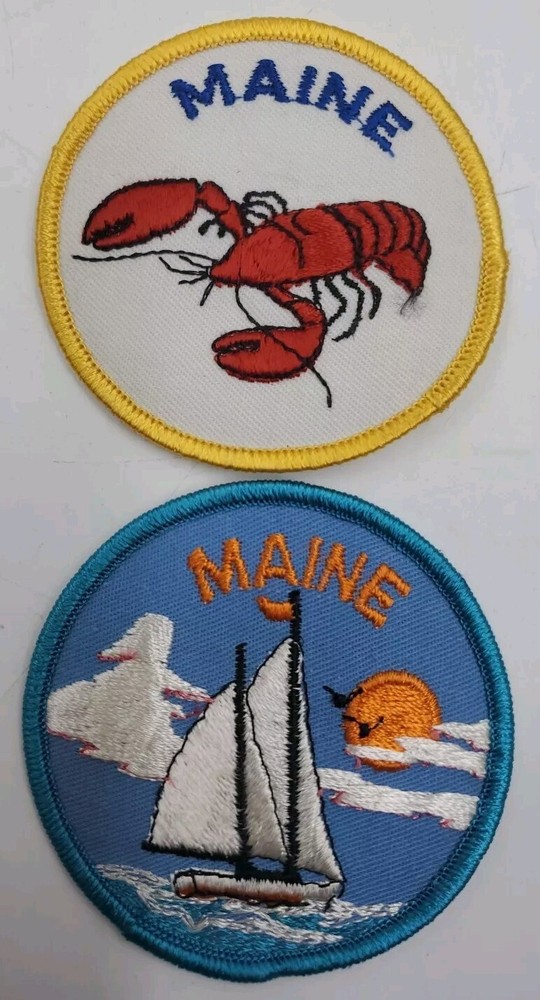 VTG Maine Embroidered Patch Lobster Sailboat Round 3