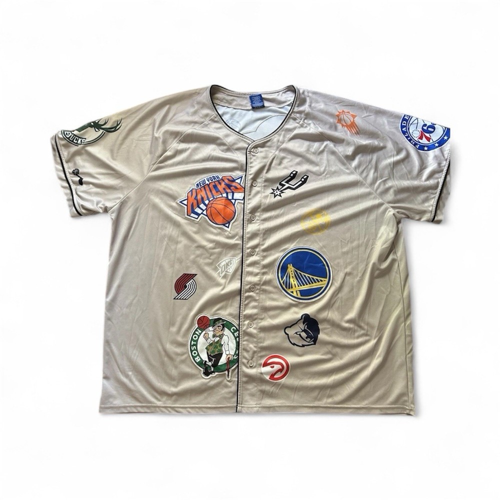 NBA Baseball Jersey Mens LARGE Team Ultra Game Basketball Tan All Over Print 90s