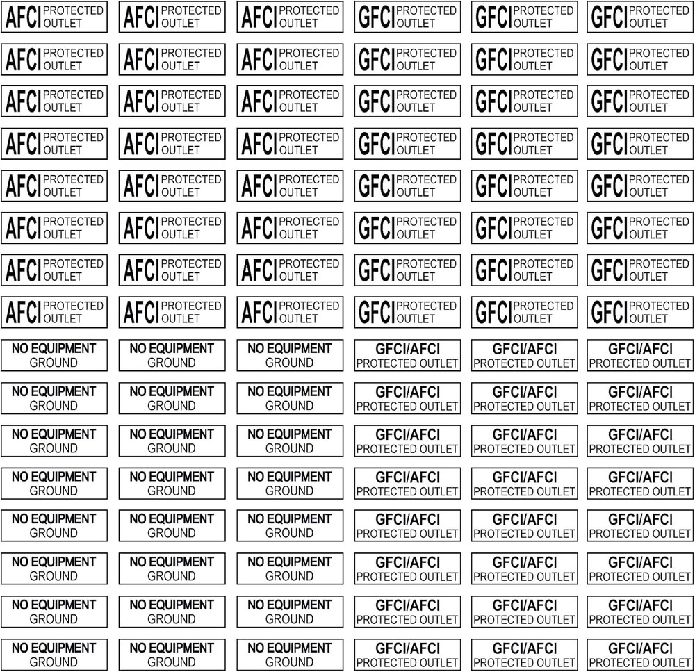 GFCI AFCI Protected Outlet Receptacle Plates Label Sticker Decal No Equipment Gr
