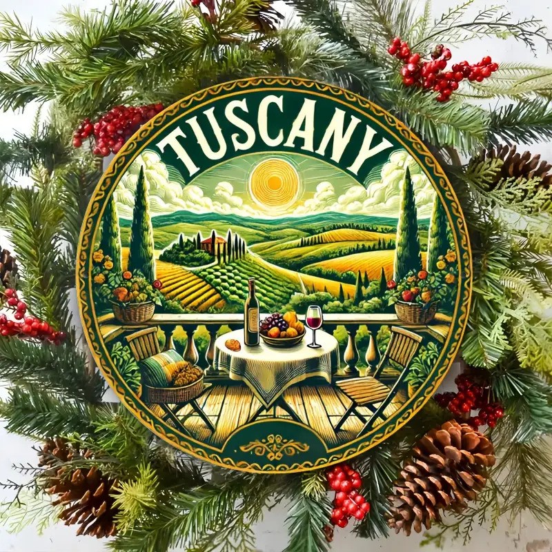 Tuscan Country Italian Landscape Round Aluminum Wall Art Sign