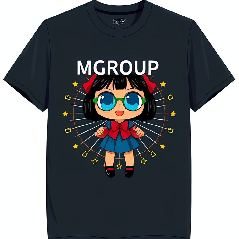 Unique Black T-Shirt with Cartoon Girl Graphic Glasses & Stars MGROUP