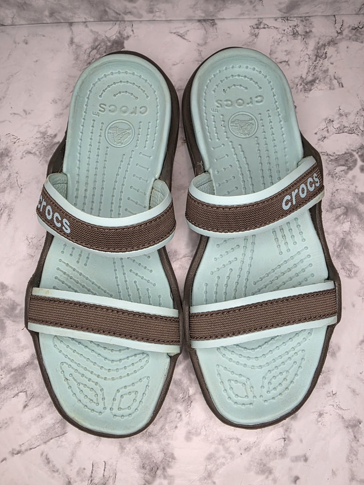 Crocs Reviva Sandal Women Sz 8 Turquoise/Brown Two Strap Open Toe Shoes Slip Ons
