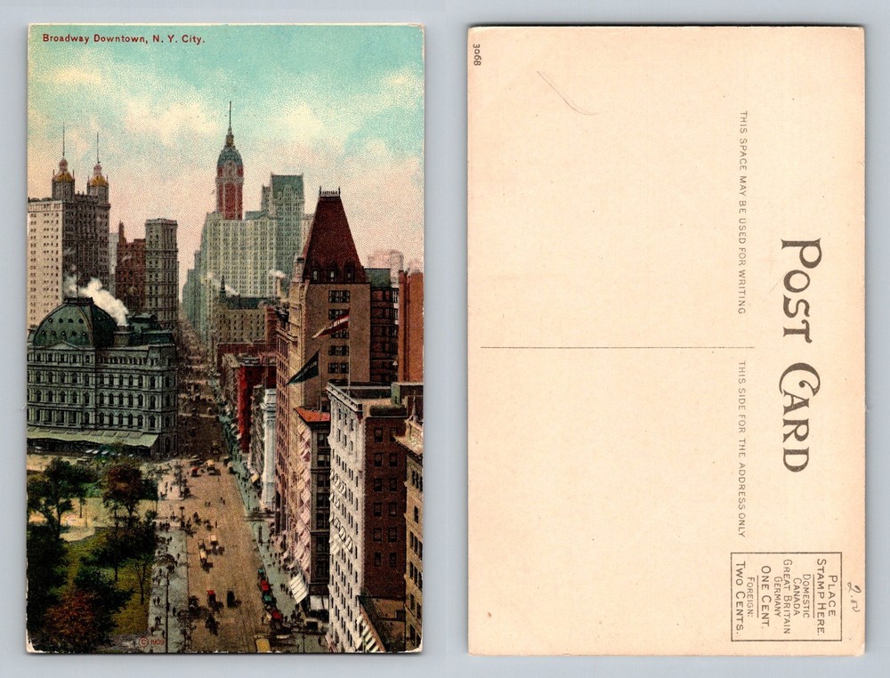 New York City NY, Broadway Downtown Skyline View Vintage Postcard