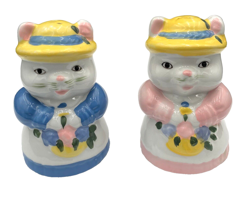 Vintage Salt & Pepper Ceramic Shakers, White Kitty Cats, Blue Pink w/Bouquets