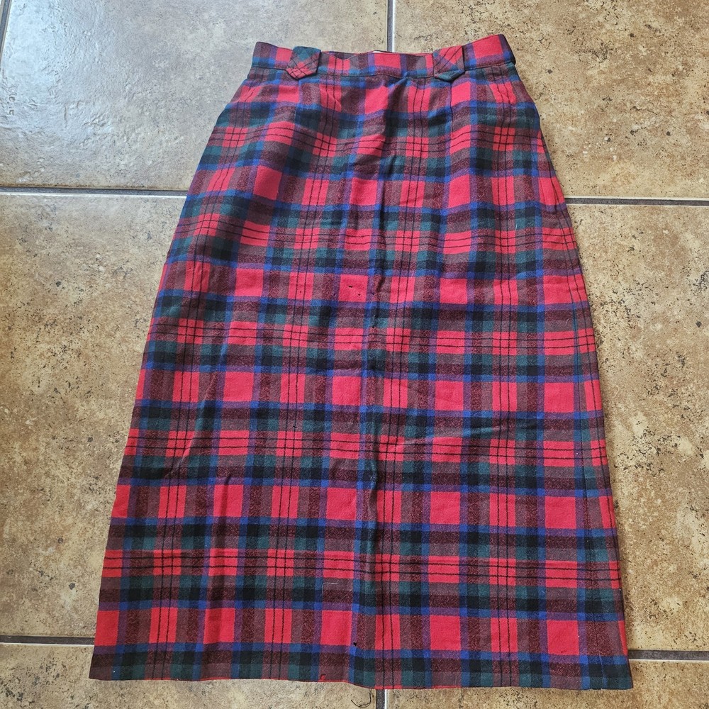 Vintage Pendleton Pencil Skirt Plaid Wool Red Blue Green 70s 22