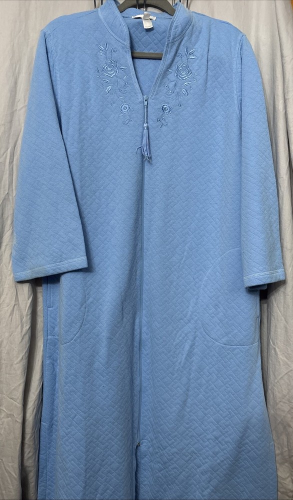 Miss Elaine Full Zip Robe Housecoat L Cotton Pockets Embroidery Baby blue