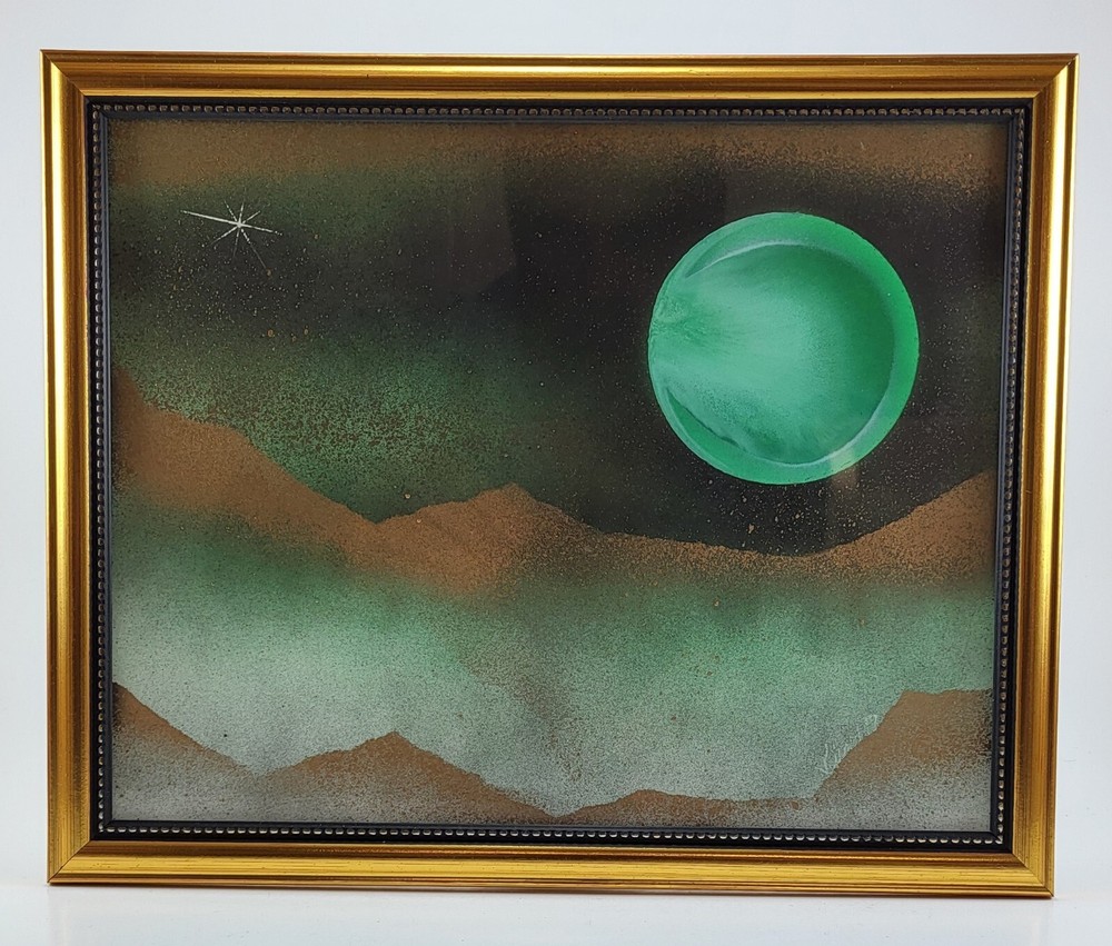 Framed Original Landscape Art in Green Gold Spray Paint by Artist Jason Girard.