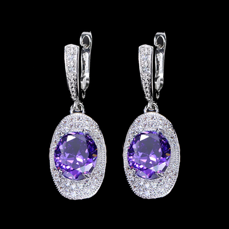 Women Jewelry Purple Cubic Zirconia Round Long Dangle Silver Plated CZ Earrings
