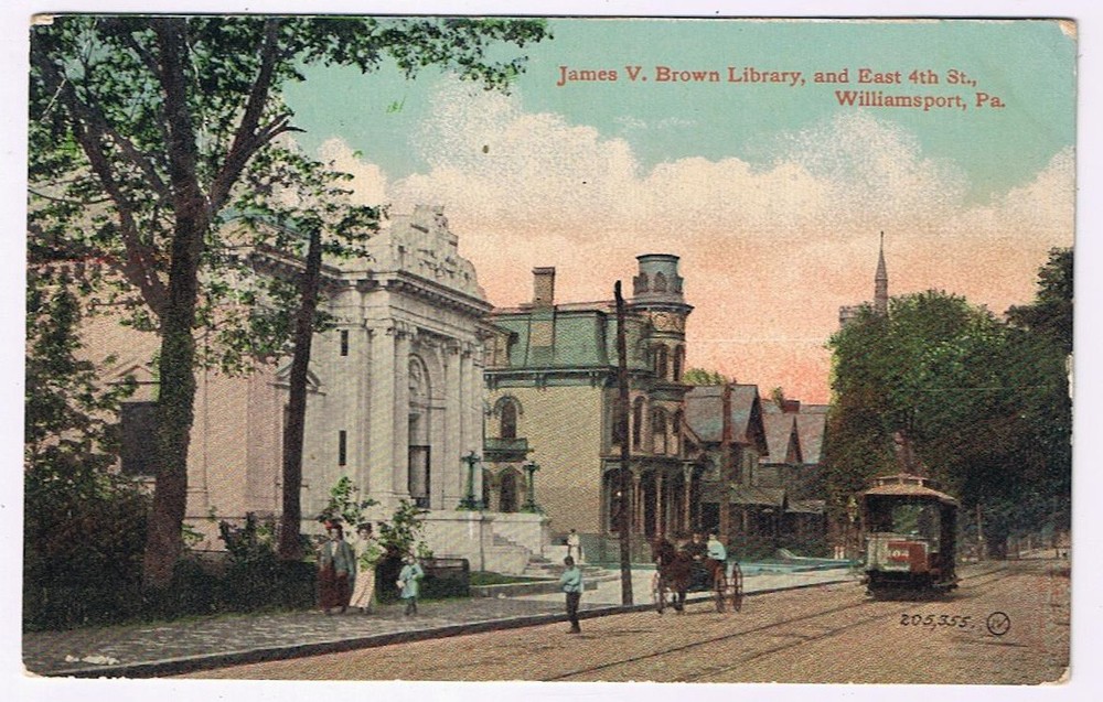 Postcard James V Brown Library East 4th St Williamsport Pennsylvania Streetcar